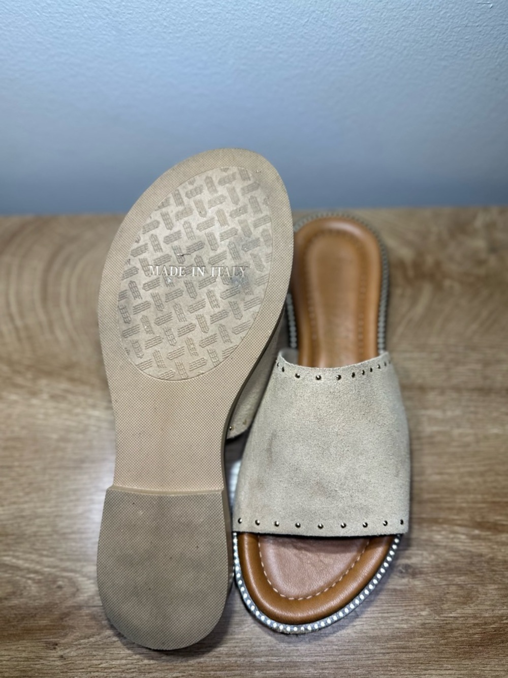 Classic Beige Suede Slide Sandals with gold detail. Super comfy women’s 7.5 - Picture 3 of 3